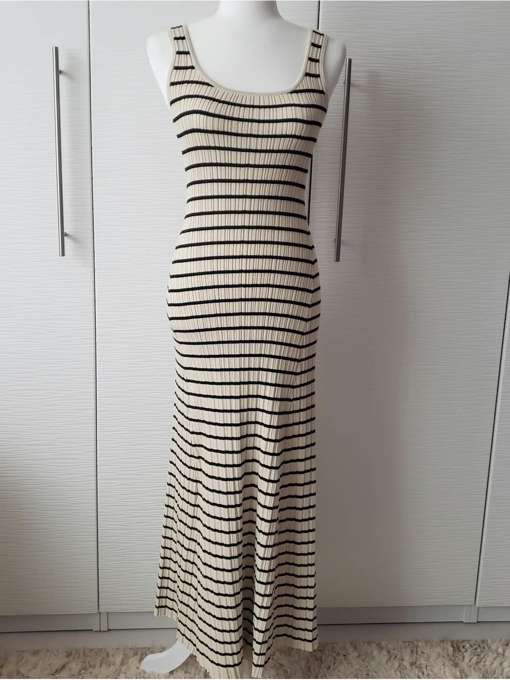Blu Pepper Cream and Black Striped Ribbed Maxi Dress